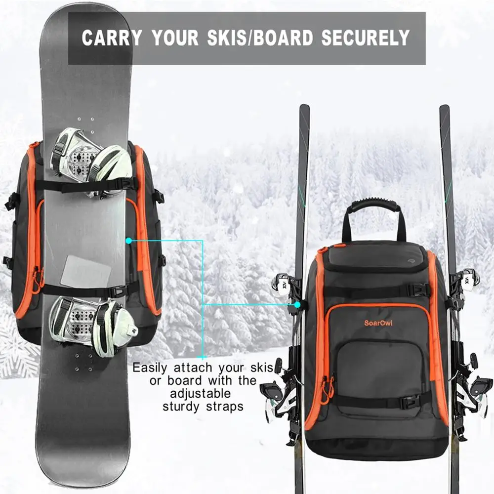 SoarOwl Trượt Tuyết Khởi Động Túi 65L Lớn Dung Tích Lưu Trữ Giày Mũ Bảo Hiểm Quần Áo Có Thể Được Đặt Ván Trượt Ba Lô Có Điều Chỉnh Túi Chống Nước