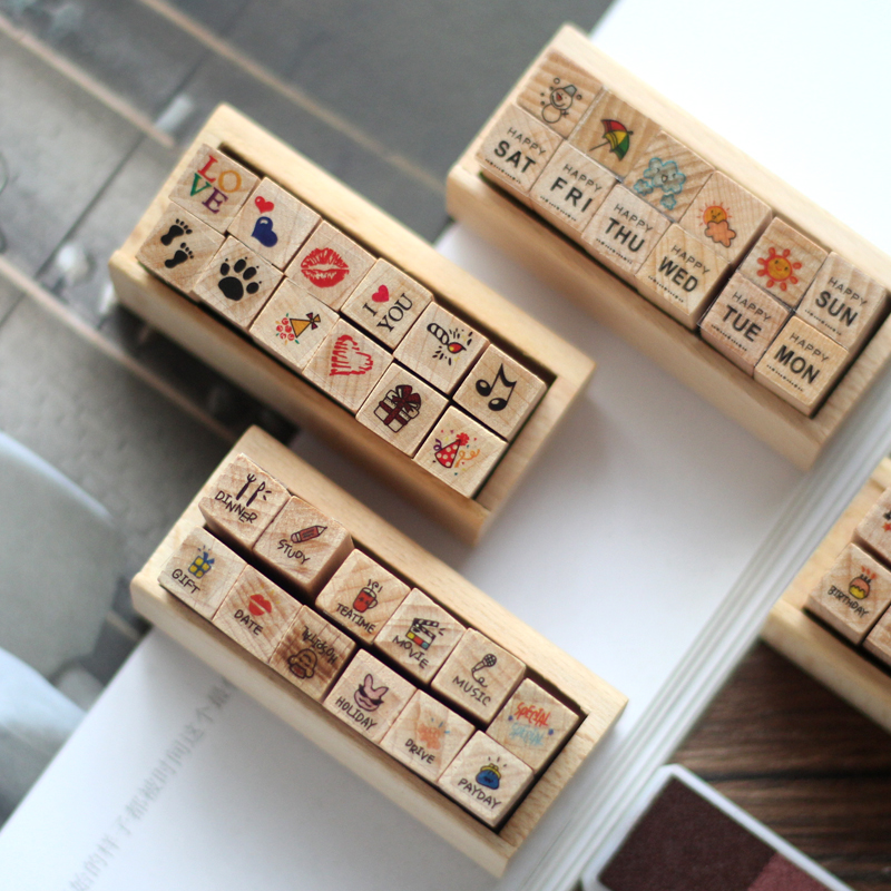 12 unid/set de sellos de goma de madera de dibujos animados Retro, sello de goma pequeño y bonito para vida, semana de viaje, corazón, planificador de colección de recortes, sello decorativo