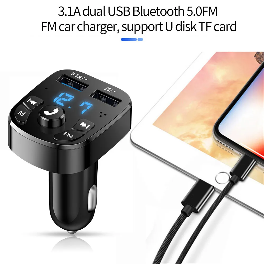 Автомобильный FM-передатчик Bluetooth 5,0 Aux Handsfree Беспроводной автомобильный комплект с двумя USB-портами Автомобильное зарядное устройство Авторадио FM-модулятор Mp3-плеер Адаптер
