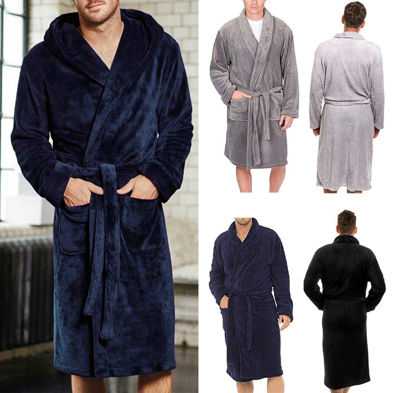 Moda hombres batas de invierno cálido alargado chal de felpa Albornoz ropa de dormir de casa bata abrigo