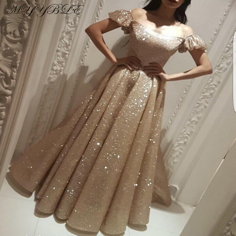 Maßgeschneiderte SoireeChampagner Abendkleid Lange A-Linie Glitter Pailletten Saudi Arabisch Frauen Formale Prom Abendkleid Abendkleider