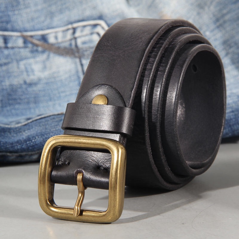Hebilla de cobre de cuero para hombre, 3,8 cm, hecha a mano, primera piel de vaca pura, Retro, combina con todo, pantalones vaqueros informales, cinturón suave, marrón, negro, lujo