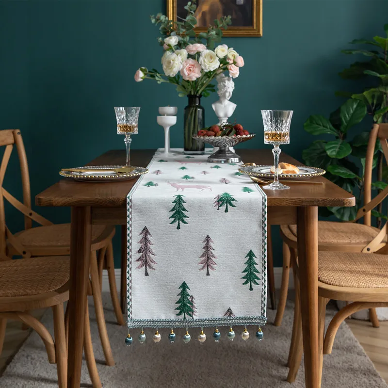 Camino de mesa de árbol de Navidad, alce navideño de vacaciones de invierno, mantel individual de tela para comedor, decoraciones rústicas de cocina para el hogar de Año Nuevo