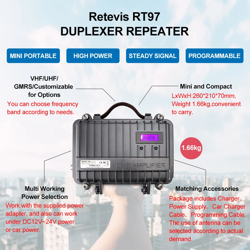 Walkie-Talkie-Repeater, Vollduplex-Funk-Repeater, Mini-Analog-Repeater, anpassbar, RETEVIS RT97, 10 W, UHF (oder VHF)