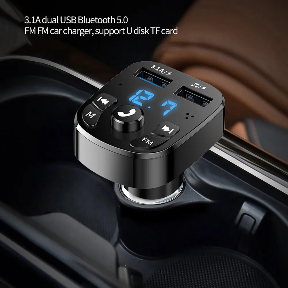 Автомобильный FM-передатчик Bluetooth 5,0 Aux Handsfree Беспроводной автомобильный комплект с двумя USB-портами Автомобильное зарядное устройство Авторадио FM-модулятор Mp3-плеер Адаптер