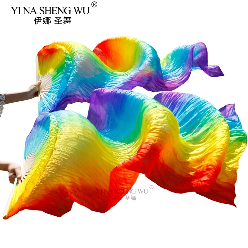 뜨거운 판매 아이 여성 밸리 댄스 팬 1 쌍 그라디언트 색상 댄서 연습 긴 모조 실크 팬 150/180x90cm 레이온 실크 팬