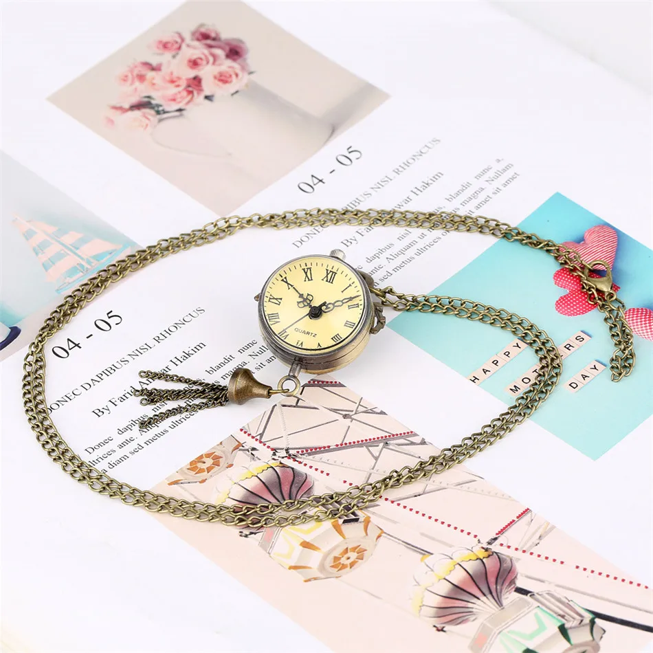 Transparent Ball Form Bronze Anhänger Tasche Uhren Retro Zubehör Fob Halskette Uhr Geschenke Unisex Römische Ziffer Analog Zifferblatt