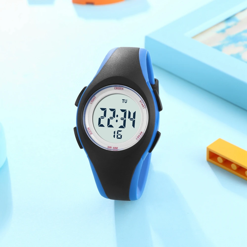 Relojes deportivos para niños OHSEN, reloj de pulsera electrónico de silicona azul resistente al agua hasta 50M, cronómetro, reloj Digital para niños y niñas