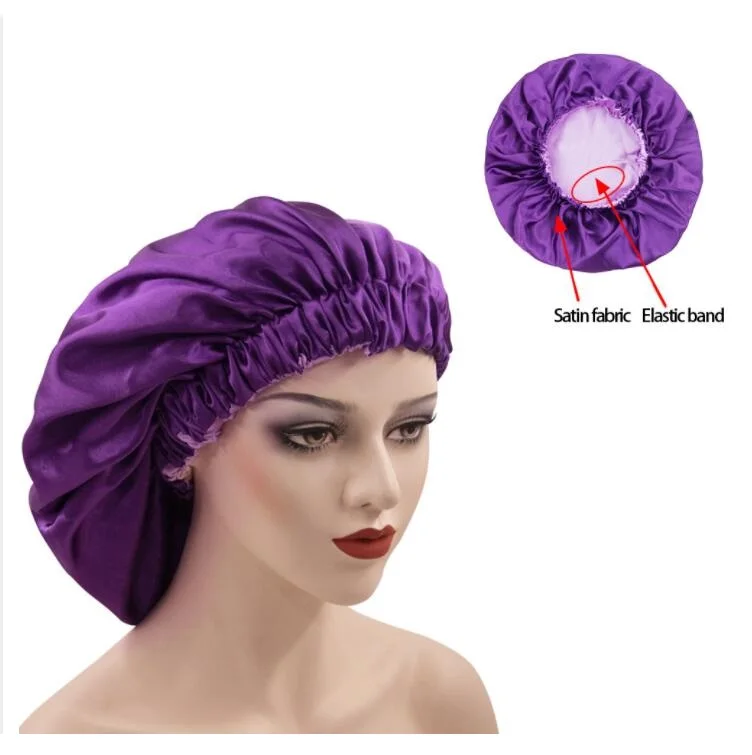 Gorro de satén sedoso Reversible de Color sólido, gorro de noche para dormir de doble capa, gorro para la cabeza, gorro para cabello rizado elástico, negro