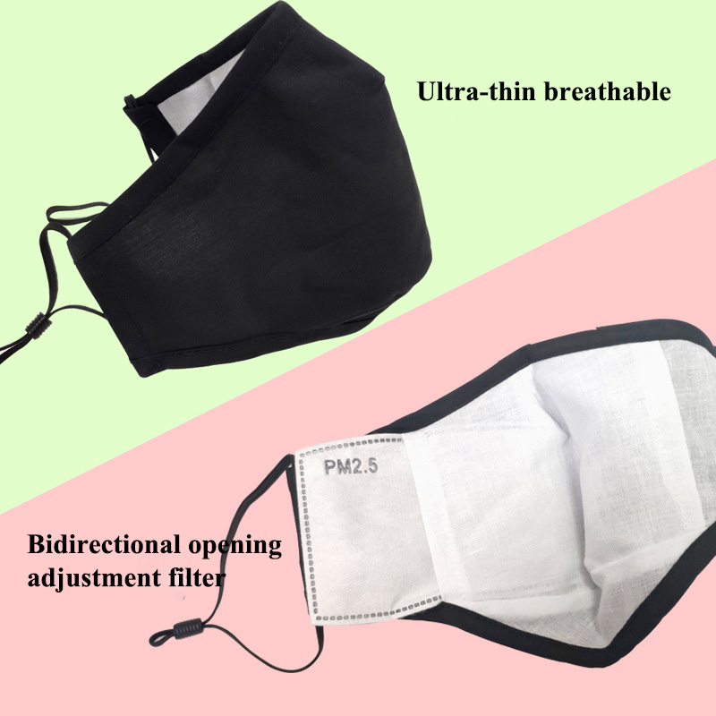 3個綿黒マスク口フェイスマスクアンチダストPM2.5口マスク活性炭フィルターマスク生地マスク洗える再利用可能な