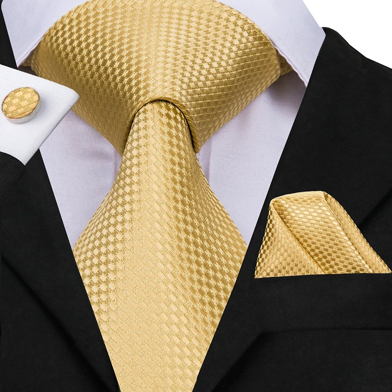 Hi-Tie – cravates en soie jaune or massif pour hommes, ensemble de boutons de manchette pratiques, cadeau à la mode pour hommes, cravate d'affaires de mariage