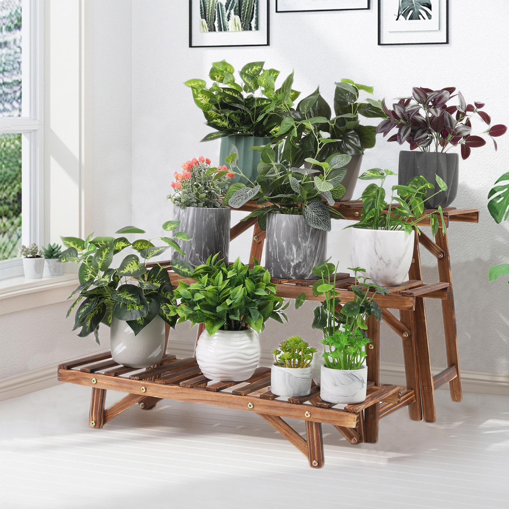 Prateleira de escada autônoma de 3 camadas, suporte de madeira para plantas internas e externas, suporte para vaso de flores, organizador de plantador