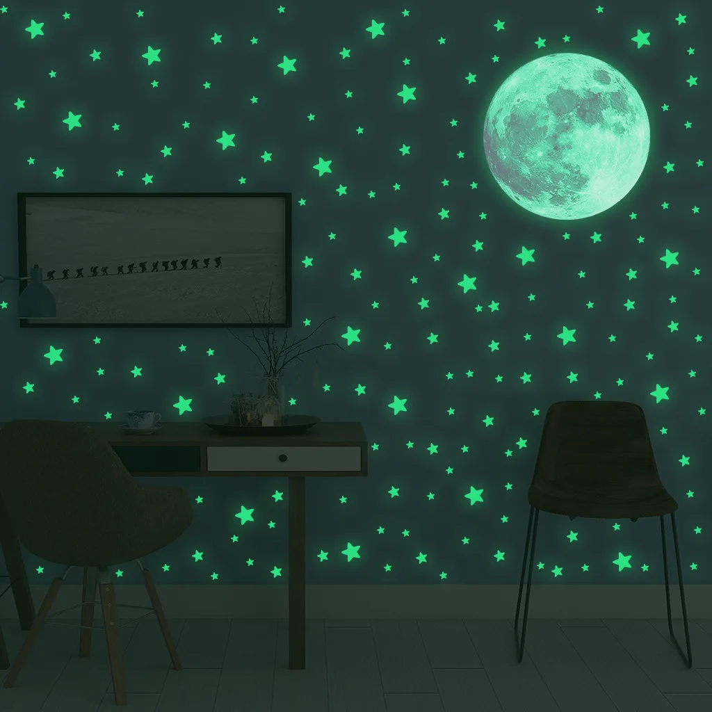 Luminous Moon Stars สติ๊กเกอร์ติดผนังสําหรับห้องเด็กตกแต่งห้องนอนเรืองแสงใน Dark Earth Wall Decals สติกเกอร์ Noctilucent Home Decor