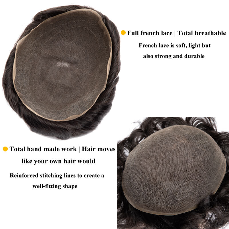 男性の毛プロテーゼフレンチフルレースベース男かつら通気性男性の毛細血管プロテーゼ 6 "かつら男性のためのレースの毛の交換