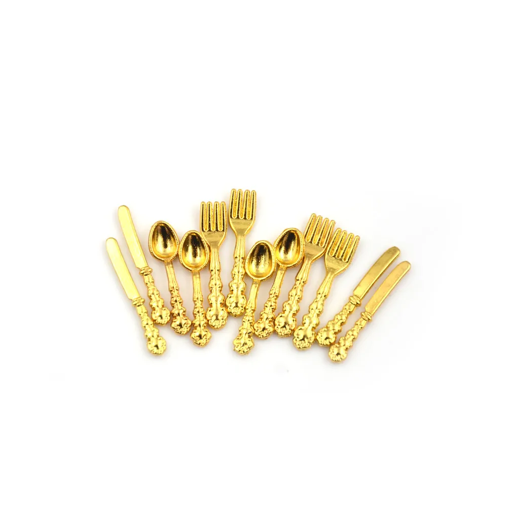 12 Chiếc 1:12 Mini Vintage Nhà Búp Bê Lắp Ghép Mô Hình Thu Nhỏ Bộ Đồ Ăn Dao Kéo Kim Loại Vàng Bạc Dao Muỗng Nĩa Thực Phẩm Nhà Bếp Đồ Gỗ Đồ Chơi