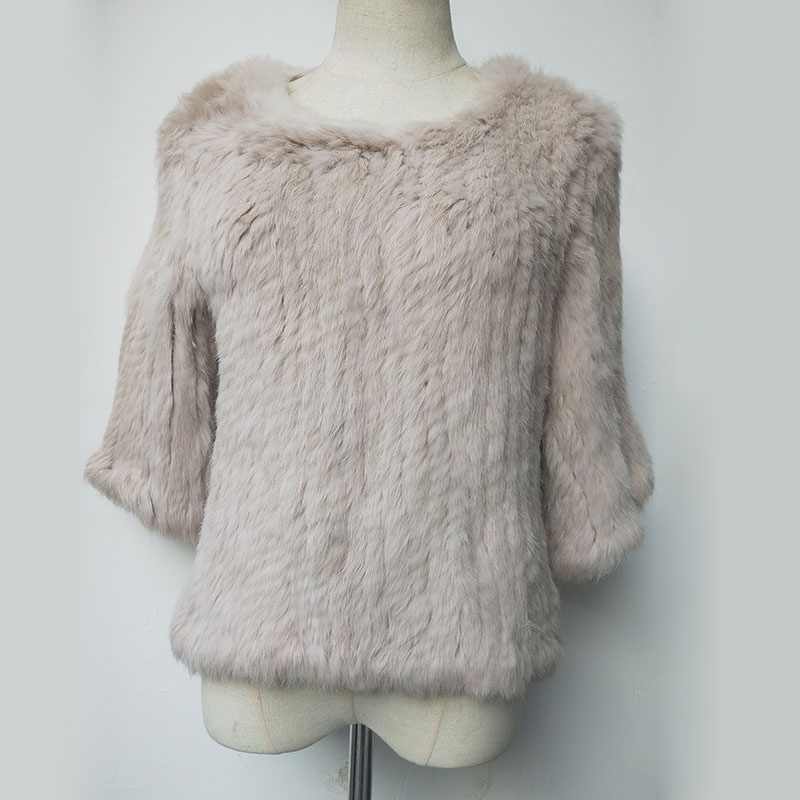 Femmes naturel lapin fourrure pulls manteau. Demi manches hiver chaud véritable fourrure tricoté vêtements d'extérieur femme veste