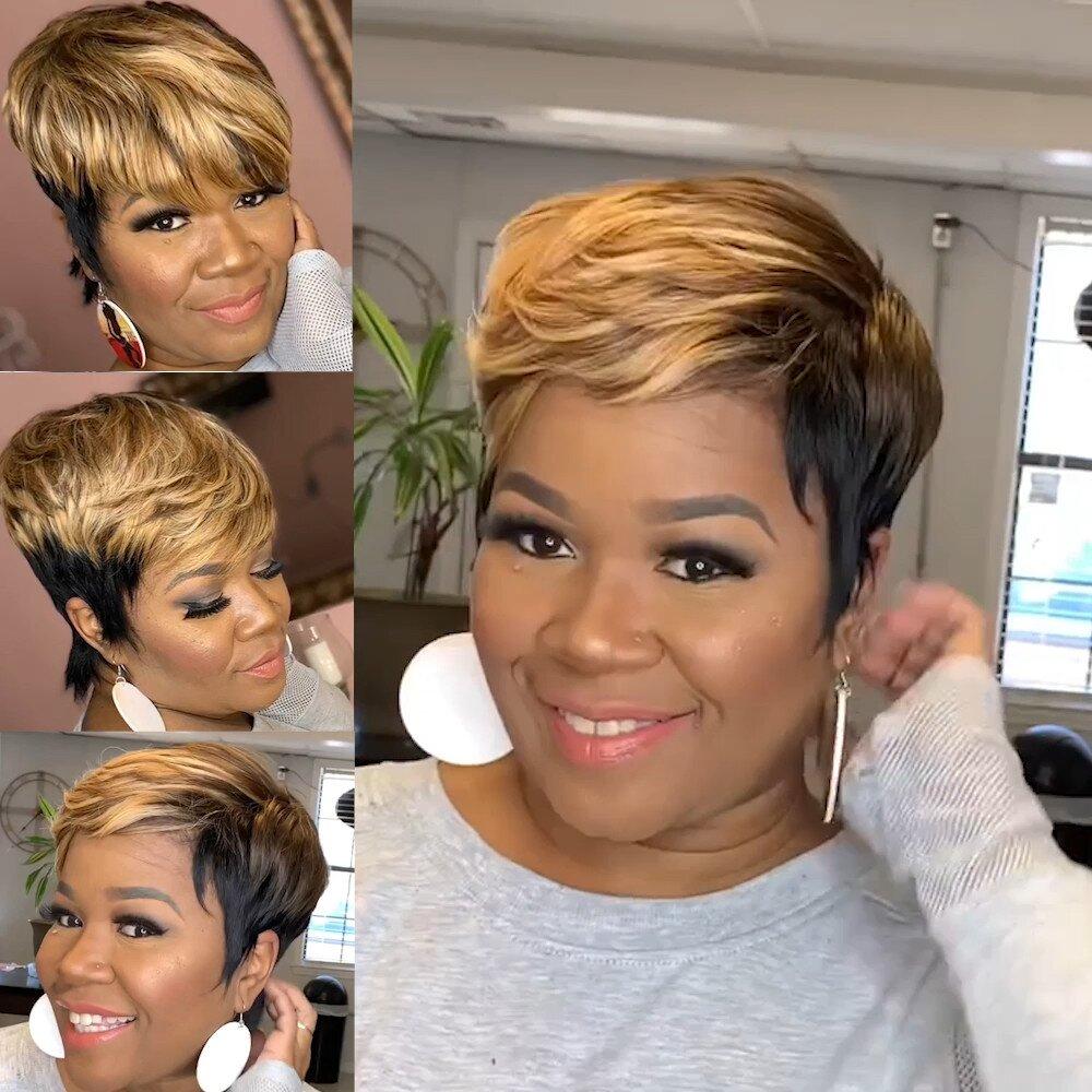 WIGERA Highlight Synthetische Perücken Kurze Gerade Pixie Cut Haar Bob Perücke Honig Gold Mix Schwarz Haar Für Frau