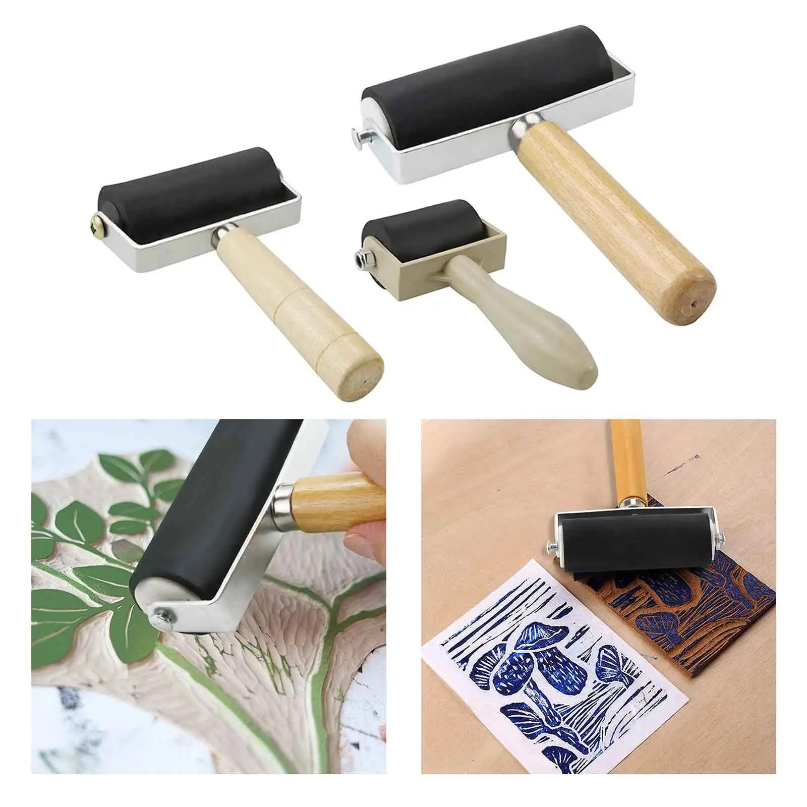 3Pcs ยาง Brayer Roller ไม้ Handle ภาพวาดหมึกปั๊มเครื่องมือศิลปะหัตถกรรมสำหรับแกะสลักพื้นผิววอลเปเปอร์พิมพ์