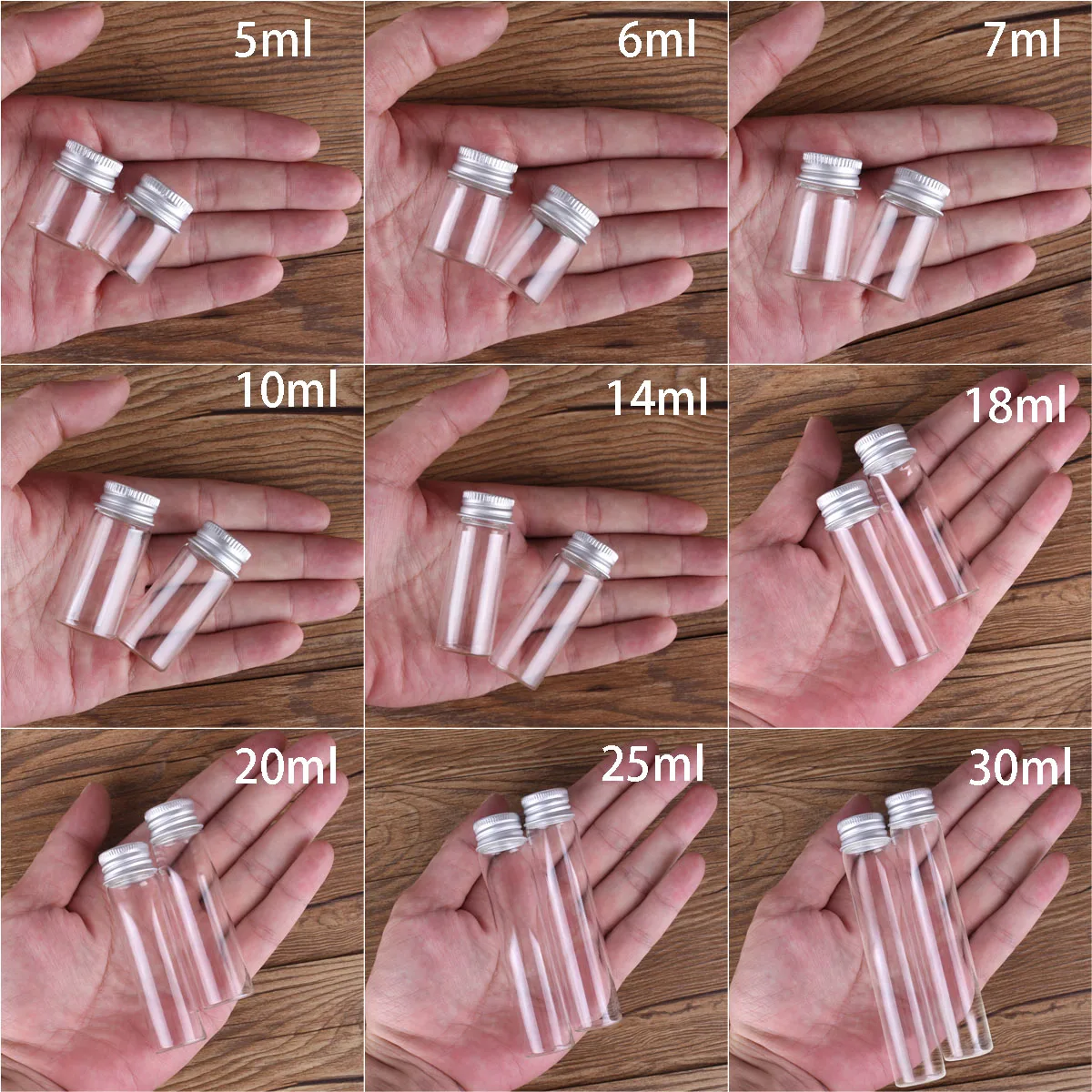 10 Món 5Ml/6Ml/7Ml/10Ml/14Ml/18Ml/20Ml/25Ml/30Ml Chai Thủy Tinh Với Nhôm Nắp Đậy Nhỏ Mini Lọ Thủy Tinh 9 Kích Thước U-Đựng