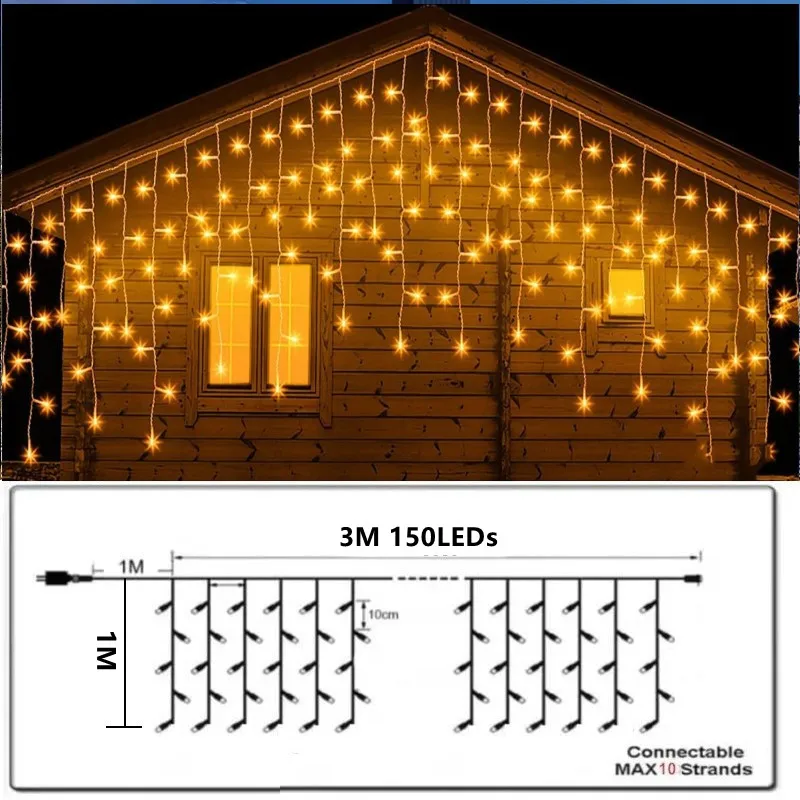 Guirnalda de cortina Led en la ventana, guirnalda de calle en la casa, festón, cortina de carámbano, luz de hadas, 3M x 1M, festón operado por enchufe