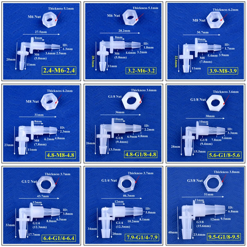 5 ~ 200 Chiếc M6 ~ G1/2 Đến 2.4-11.1Mm PP Chùa Khuỷu Tay Kết Nối Lục Giác Đai Ốc bể Cá Bơm Không Khí Vòi Khớp Ống Tưới Phụ Kiện