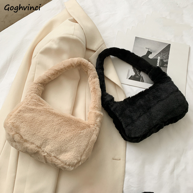 Bolsos de piel sintética de invierno para mujer, bolso de hombro de felpa con cremallera sólida, bolso peludo suave y tierno, combina con todo, Ulzzang elegante para mujer