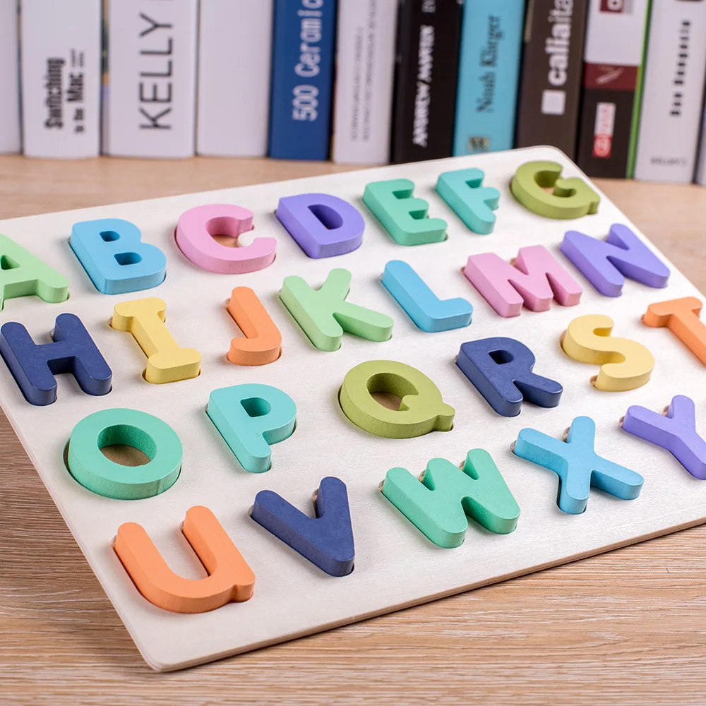Números de madera, letras, forma del alfabeto, iluminación, educación cognitiva, tablero de agarre 3D, rompecabezas para bebés, juguetes preescolares