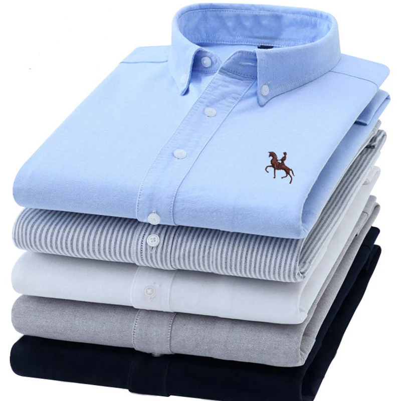 S-6XL Áo Cotton Nguyên Chất Oxford Nam Áo Sơ Mi Tay Dài Thêu Ngựa Thiết Kế Thông Thường Phù Hợp Với Nút Thời Trang Người Đầm Áo Sơ Mi Trắng
