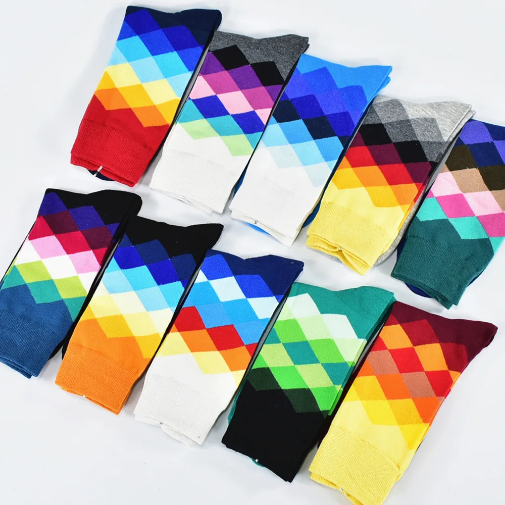 Calcetines para hombre, calcetines felices informales estándar, calcetines de algodón con patrón de diamantes de alta calidad, 10 colores, traje de pareja, calcetines de talla grande para hombre