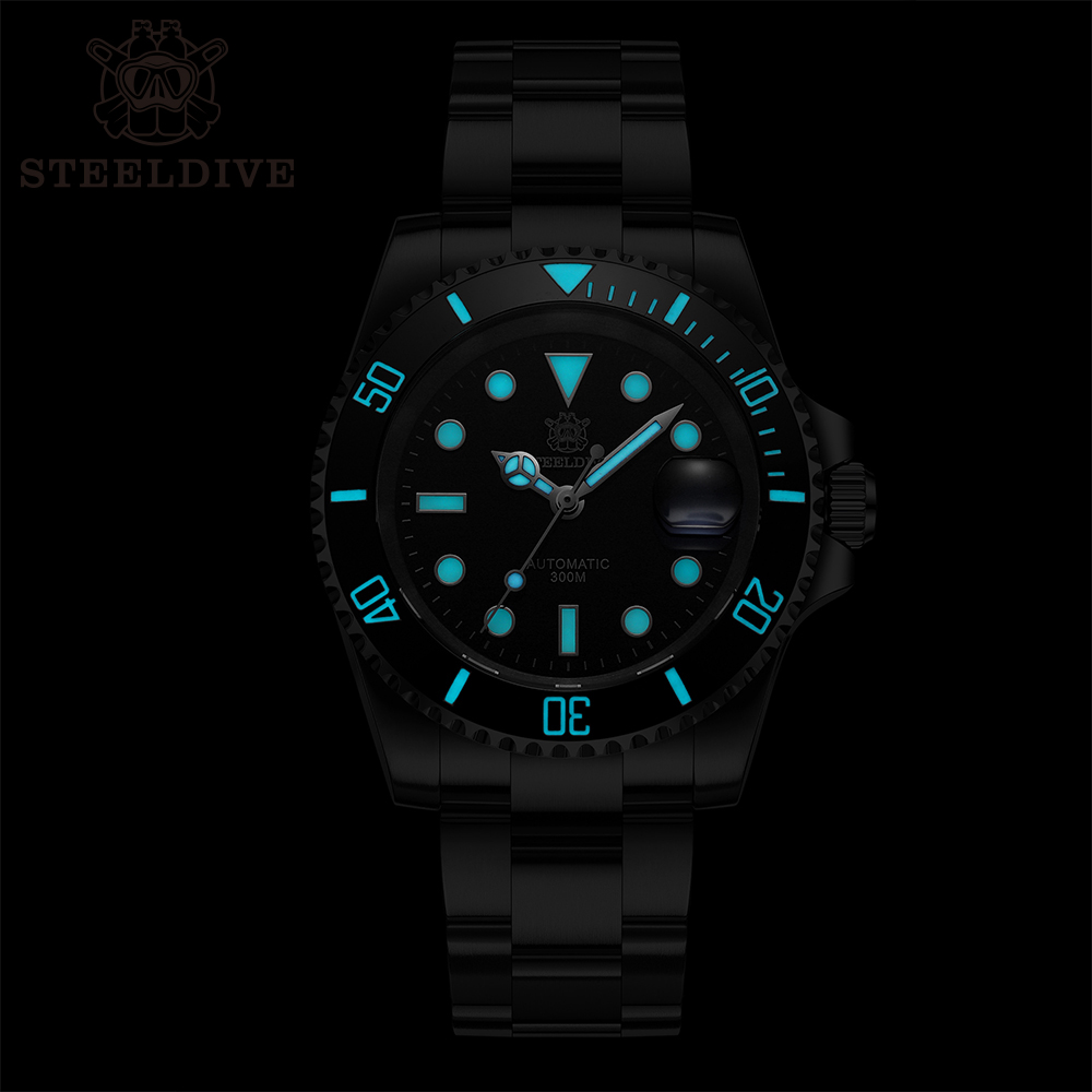 STEELDIVE SD1953 สีดําDialสีเขียวเซรามิคBezel NH35 นาฬิกาอัตโนมัติ 300Mกันน้ําSapphire Glassผู้ชายนาฬิกาดําน้ํา