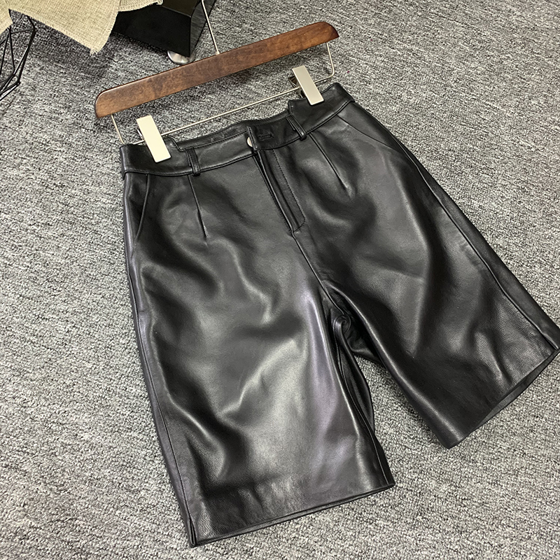 Moda outono couro genuíno casaco curto feminino manga curta duplo breasted turn-down colarinho senhora do escritório terno de pele de carneiro jaqueta