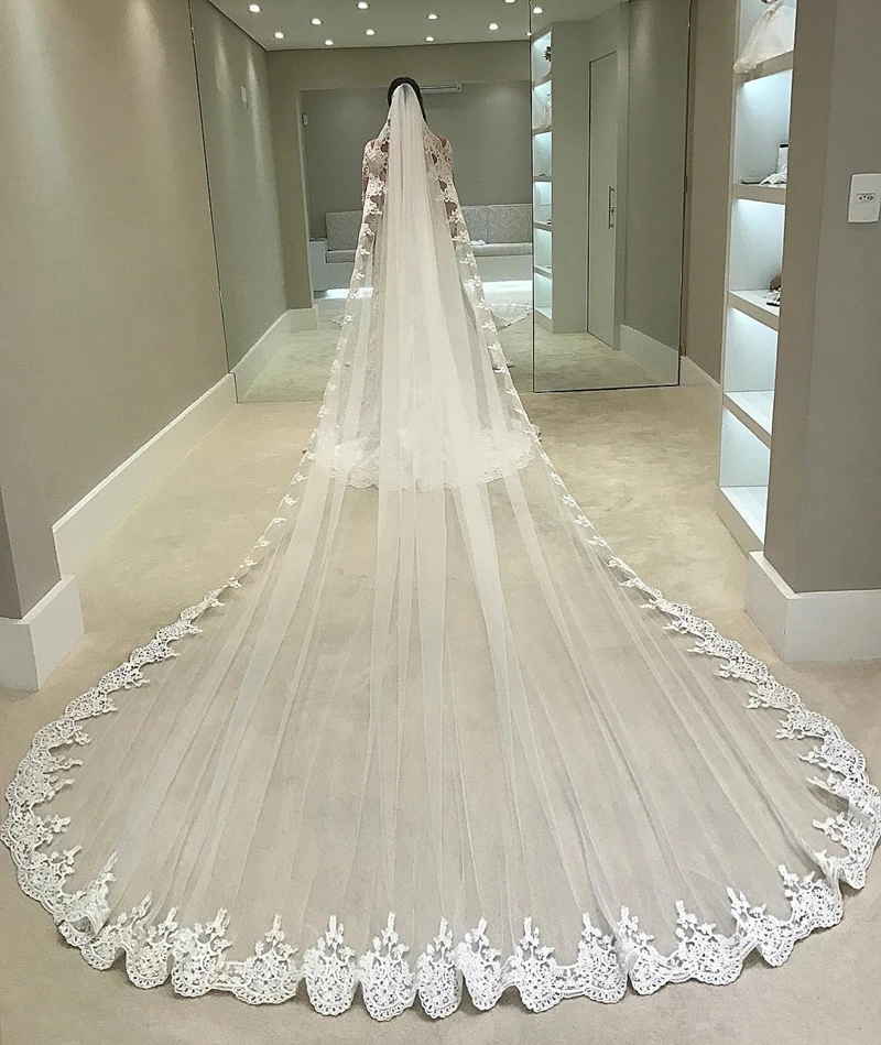 Velo da sposa in pizzo a bordo intero lungo 3/4/5 metri, uno strato di velo da sposa in tulle con pettine per matrimoni e occasioni importanti / matrimoni