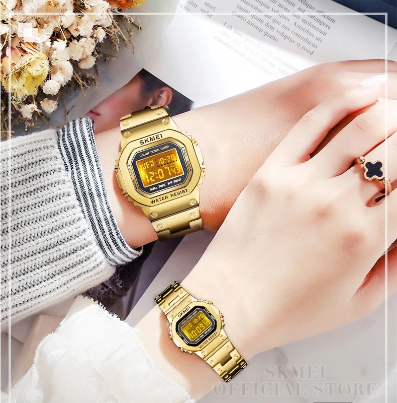 SKMEI นาฬิกาสุดหรูคนรักนาฬิกาแฟชั่นสแตนเลสนาฬิกากันน้ำกีฬา Electronoic คู่นาฬิกาข้อมือสำหรับผู้ชายผู้หญิง