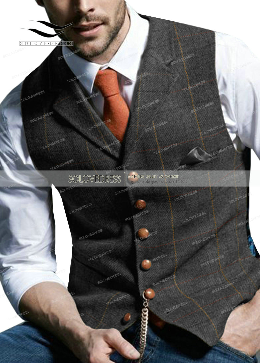 Brown Casual Gentleman Men's Army Green Vest Plaid Soft Wool Jacket Tweed Business Waistcoat For Wedding Best Man