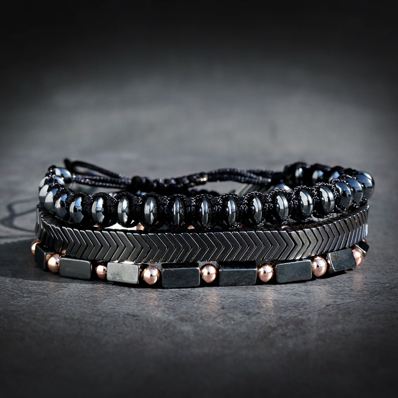 3 Buah/Set Gelang Manik Klasik Jimat Gelang Kepang Hitam Batu Hematit Alami Mode Perhiasan Pria Pulseira