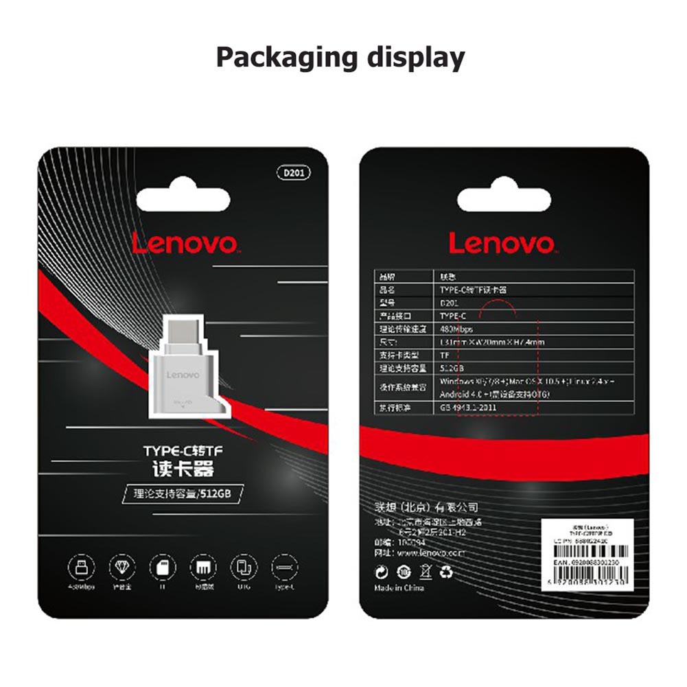 Lenovo D201 USB Typ C Kartenleser 480Mbps 512GB USB-C TF Micro SD OTG Adapter Typ-C speicher Kartenleser Für Laptop Smartphone