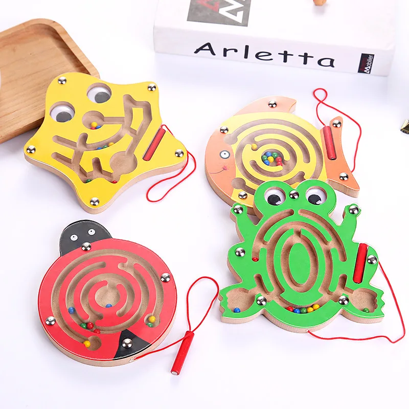 Juguetes Educativos Montessori de madera para niños, laberinto magnético, bolígrafo de escritura a mano, cuentas de empuje, animales pequeños, juguetes de pista de laberinto para niños