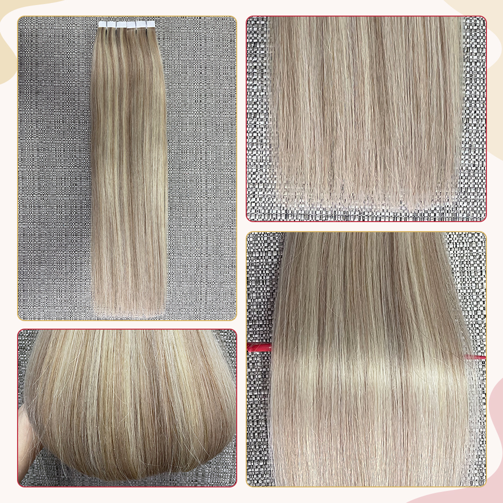 Moreoo – Extensions de cheveux naturels Remy lisses et soyeux avec bande adhésive, 100% vrais cheveux à reflets blond cendré extension bande adhésive naturel adhésifs rajout cheveux