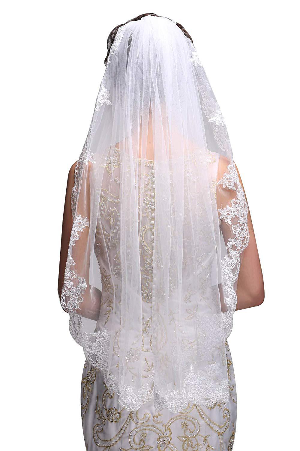 Noiva Short One Layer Lace Edge White Ivory Wedding Veil Tulle Bridal Veil Cheap Wedding Accessories Voile Mariage