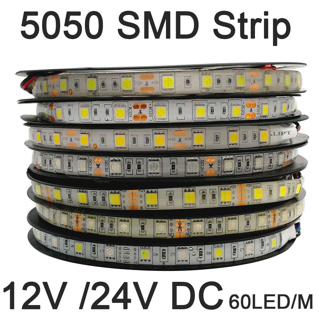 Tira de luces LED SMD 5050 de 5m, 12V, 24V, 60LEDs/m, iluminación decorativa Flexible IP20 IP65, cinta LED impermeable RGB RGBW RGB CCT, blanco cálido