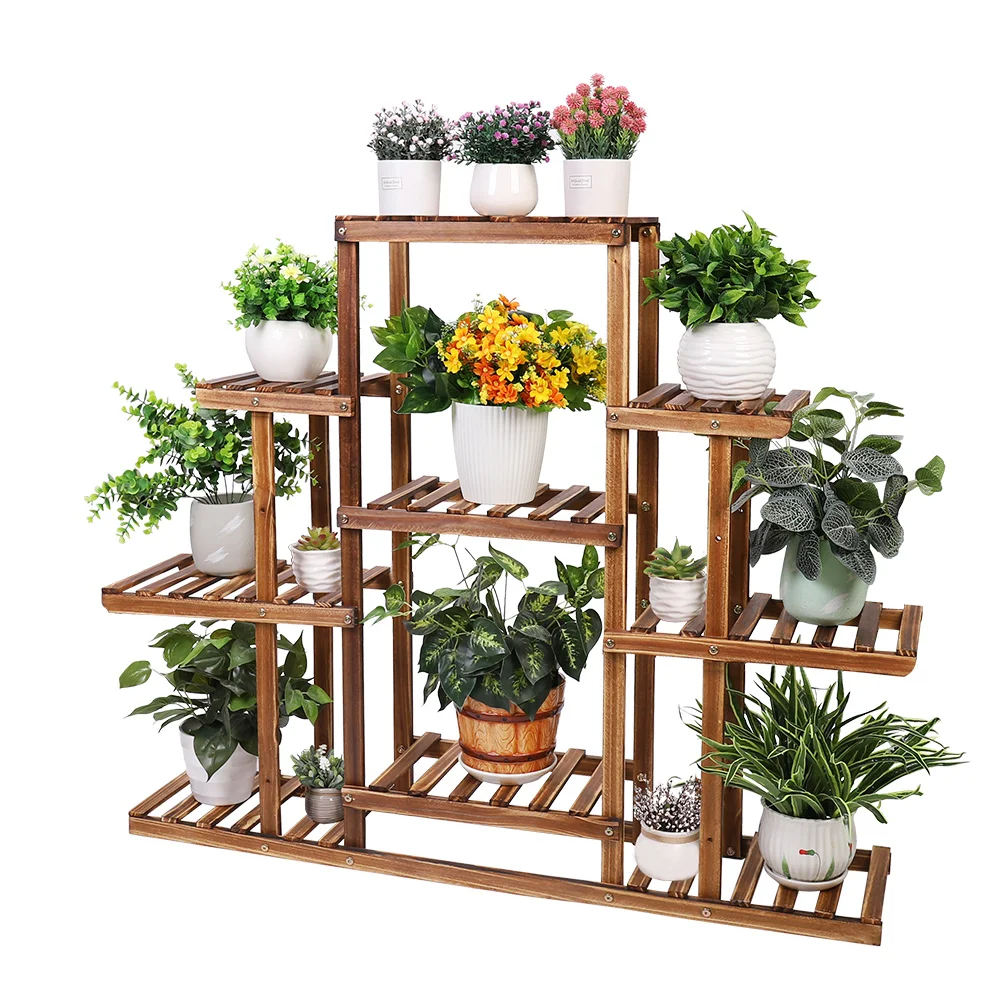 Espositore per fiori in legno carbonizzato a 9 livelli con supporto per piante a più livelli per interni