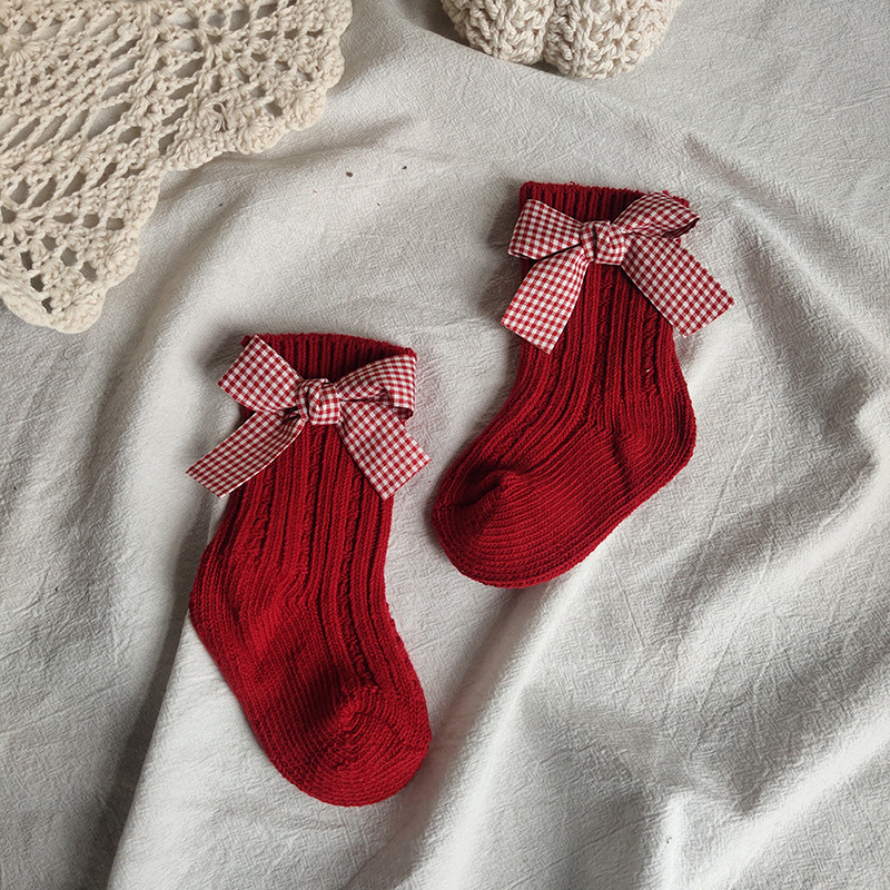 Calcetines hasta la rodilla para niñas, calcetines navideños de algodón con lazo grande rojo, calentadores de piernas de lana Lisa, calcetines suaves para niñas y niños pequeños