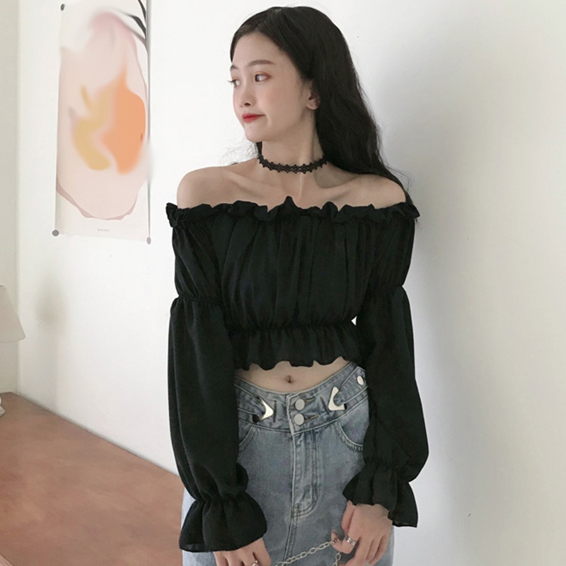 Mùa Thu Nữ Tay Phồng Áo Kiểu Màu Tay Dài Lệch Vai Cao Cấp Áo Sơ Mi