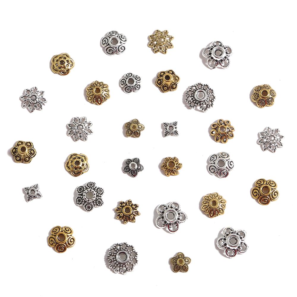 50 個チベットアンティークシルバーカラー金箔フラワービーズエンドキャップジュエリーメイキング用針仕事スペーサービーズキャップ DIY アクセサリー