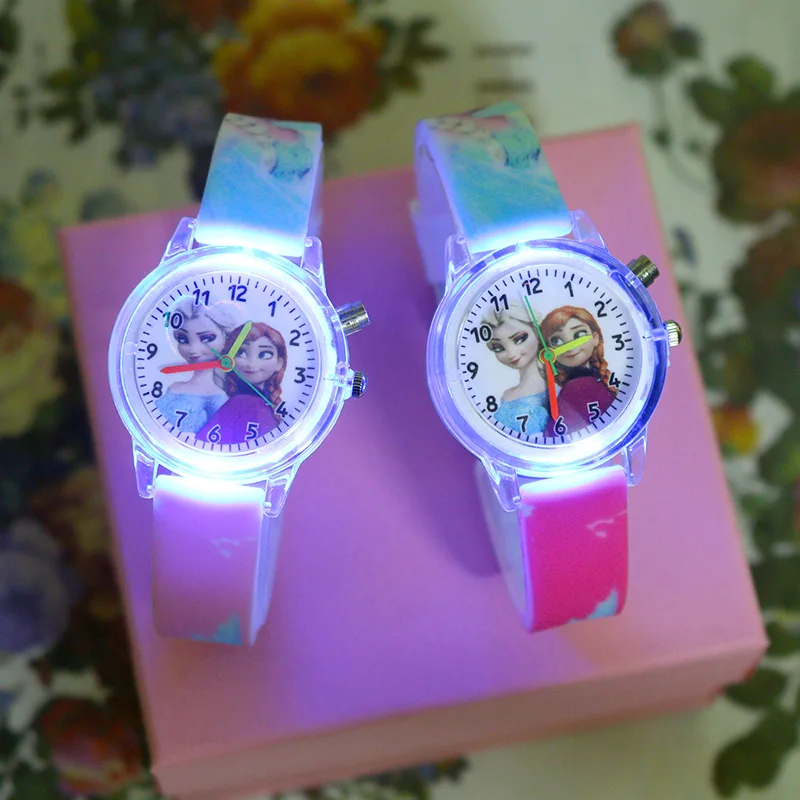 Disney flash luz meninas elsa relógios crianças com pulseira de silicone princesa crianças relógios estudante reloj infantil