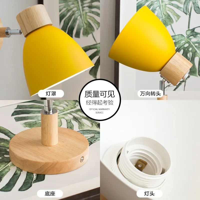 Lámpara de pared nórdica de madera con interruptor, aplique de pared moderno para dormitorio, sala de estar, iluminación del hogar, macarrón, cabezal de dirección de 6 colores E27