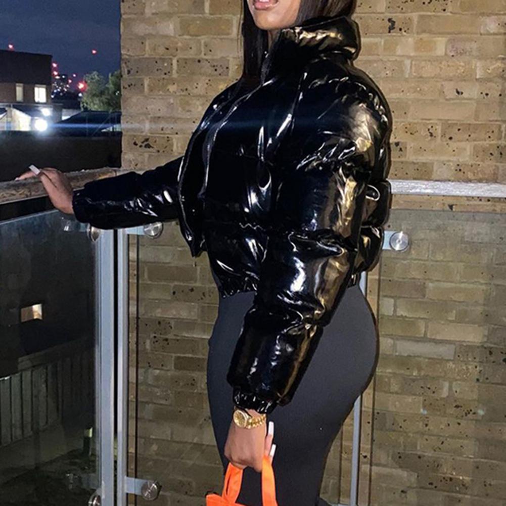2021 mode Frauen Helle PU Schwarz Puffer Jacke Winter Warme Blase Mäntel Shiny Leder Parkas Unten Zipper Parkas Cropped Jacke