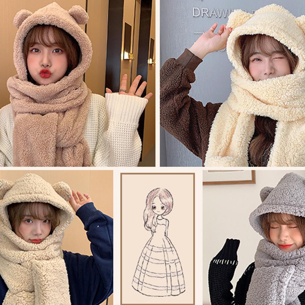 3 In 1 Frauen Fluffy Plüsch Warme Katze Ohren Mit Kapuze Schal Earflap Hut Handschuhe Fäustlinge Cartoon Tier Hauben