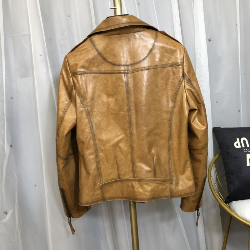 女性のためのレトロな革のジャケット,天然の革のジャケット,デザイナーのアウターウェア,ワックス,茶色,シープスキンのコート