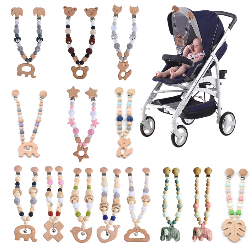 Clip de poussette en bois pour bébé, jouets de gymnastique pour bébé, pendentifs suspendus, jouets poussette, hochet cloche de lit, hochets mobiles, perles de dentition en Silicone